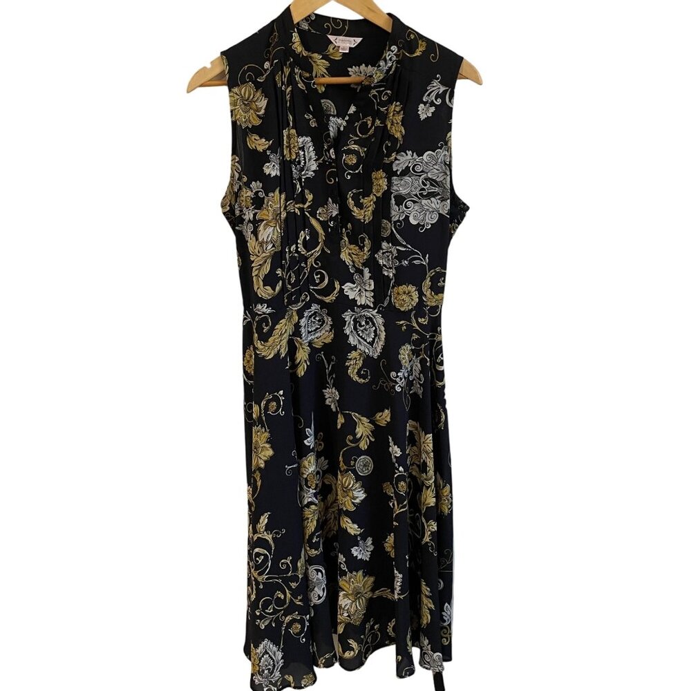 Nanette Lepore Dress Size‎ 8 Black Yellow Floral Sleeveless Midi Pleated Lined